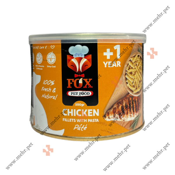 کنسرو سگ فاکس پته طعم فیله مرغ و پاستا|Canned dog Fox Pate flavored with chicken fillet and pasta