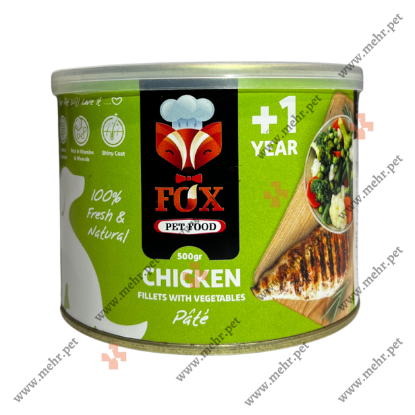 کنسرو سگ فاکس پته طعم فیله مرغ و سبزیجات 400g|Canned dog Fox pâté flavored with chicken fillet and vegetables 400g